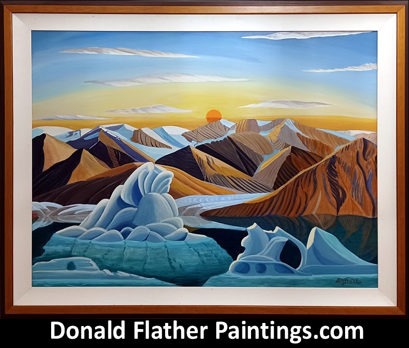 Donald Flather original Canadian oil landscape painting titled Sermilk Glacier from Baffin Island in the high Arctic framed image