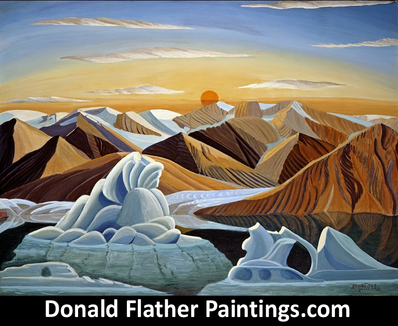 Donald Flather original Canadian oil landscape painting titled Sermilk Glacier from Baffin Island in the high Arctic unframed image