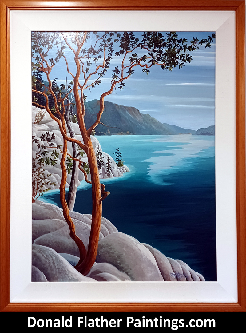 Donald Flather framed original Canadian oil landscape painting titled Cliffside Arbutus BC Howe Sound Coastal seascape painting