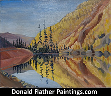 Click here to see Dr. DM Flather's original oil painting titled 'Lake of the Woods' landscape painting's unframed view