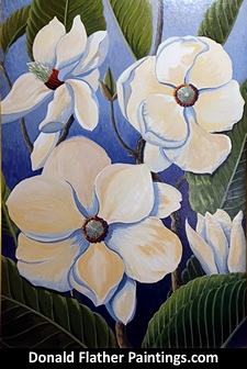 Click here to see Dr. DM (Donald McIntosh) Flather's original oil painting titled PFL83 Dogwoods unframed view
