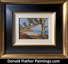 Seaside Tree BC Coastal seascape scene original oil on panel painting - likely from Vancouver Island by FCA Canadian Artist, Dr. DM Flather