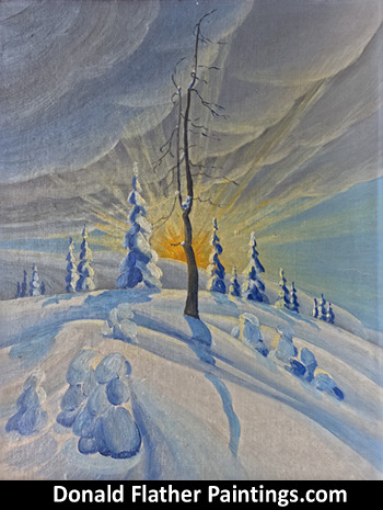 Click here to see Dr. DM Flather's original oil painting titled Winter Sun and Snow Canadian landscape painting's unframed view