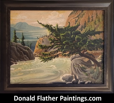 Click here to see Dr. DM Flather's original oil painting titled Weathered Fir - likely along the Fraser River, BC Canadian landscape painting's framed view