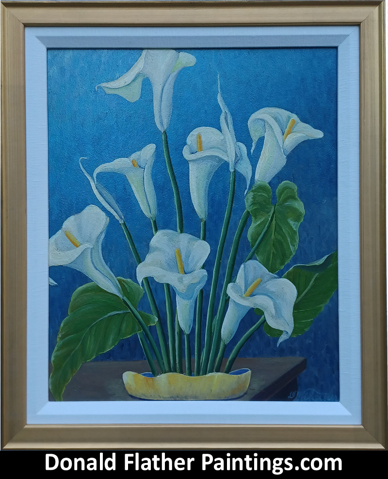 Dr. DM (Donald McIntosh) Flather original Canadian oil floral painting titled 'White Lillies'