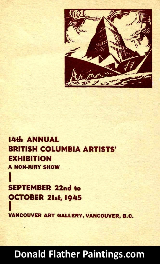 Donald Flather had one of his paintings exhibited at the 14th Annual BC Artists Exhibitions in 1945 held at the Vancouver Art Gallery - Artwork Exhibition catalogue picture shown