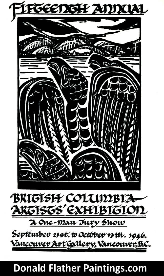 Donald Flather had two of his paintings exhibited at the 15th Annual BC Artists Exhibitions in 1946 held at the Vancouver Art Gallery - Artwork Exhibition catalogue picture shown