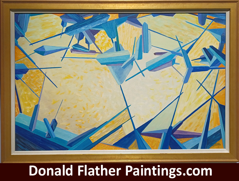 Donald Flather original Canadian framed abstract oil painting titled AB 40 Blue Needles