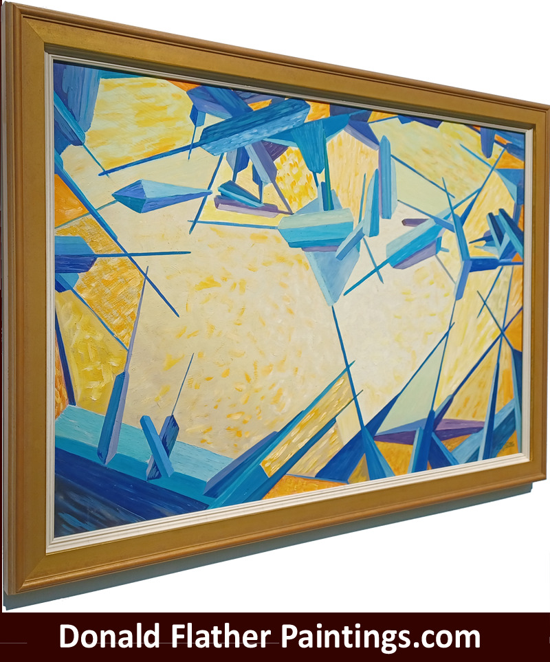 Donald Flather original Canadian abstract oil painting titled AB 40 Blue Needles - side view of the frame