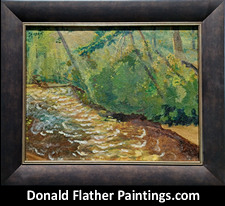 Click here to see Dr. DM Flather's original oil painting titled At the Bend of the River - Salmon River, Langley, BC Canadian landscape painting's framed view