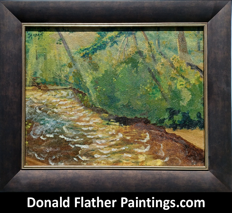 Dr. DM Flather original Canadian oil landscape painting titled At the Bend of the River - Salmon River, Langley, BC shown with new gallery style frame