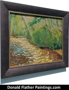 Click here to see Dr. DM Flather's original oil painting titled At the Bend of the River - Salmon River, Langley, BC Canadian landscape painting's framed side view