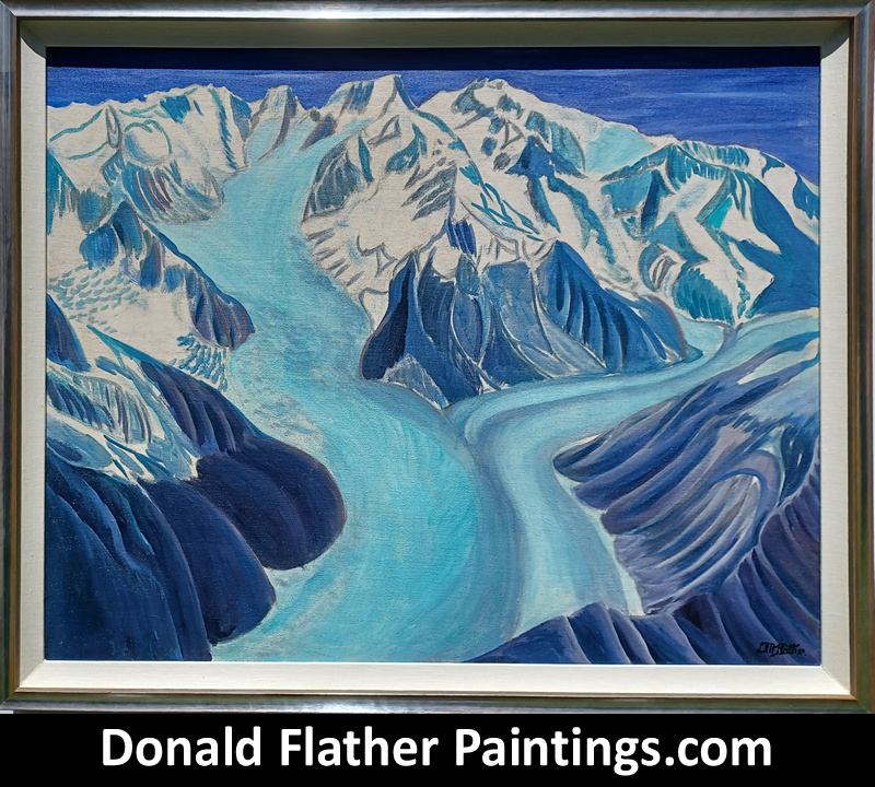 Donald Flather original Canadian oil landscape painting titled CO16 Radiant Glacier - Scimitar Glacier, Mt.Tiedmann and Mt. Waddington framed image