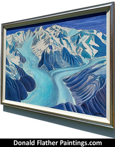 Click here to see Dr. DM Flather's original oil painting titled CO16 Radiant Glacier - Scimitar Glacier, Mt.Tiedmann and Mt. Waddington BC Coastal glacier landscape painting's framed side view