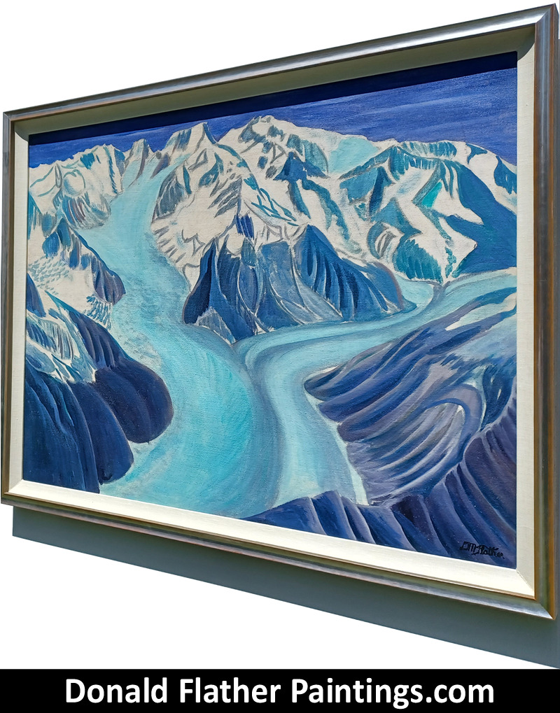 Donald Flather original Canadian oil landscape painting titled CO16 Radiant Glacier - Scimitar Glacier, Mt.Tiedmann and Mt. Waddington side framed image