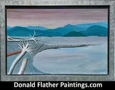 Click here to see Dr. DM Flather's original oil painting titled CO17 Discovery Islands From Rebecca Spit - about 1/3 northward along the eastern shore from Cape Mudge BC Coastal seascape painting's framed view