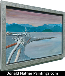 Click here to see Dr. DM Flather's original oil painting titled CO17 Discovery Islands From Rebecca Spit - about 1/3 northward along the eastern shore from Cape Mudge BC Coastal seascape painting's framed side view