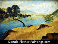 Click here to see Dr. DM (Donald McIntosh) Flather original Canadian oil on canvas landscape painting titled Cliffside Pine Skaha Lake from the Okanagon Lake BC Interior Region framed view