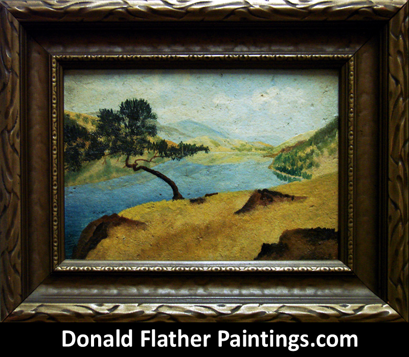 Dr. DM (Donald McIntosh) Flather original Canadian oil on panel framed landscape painting titled Cliffside Pine Skaha Lake from the Okanagon Lake BC Interior Region