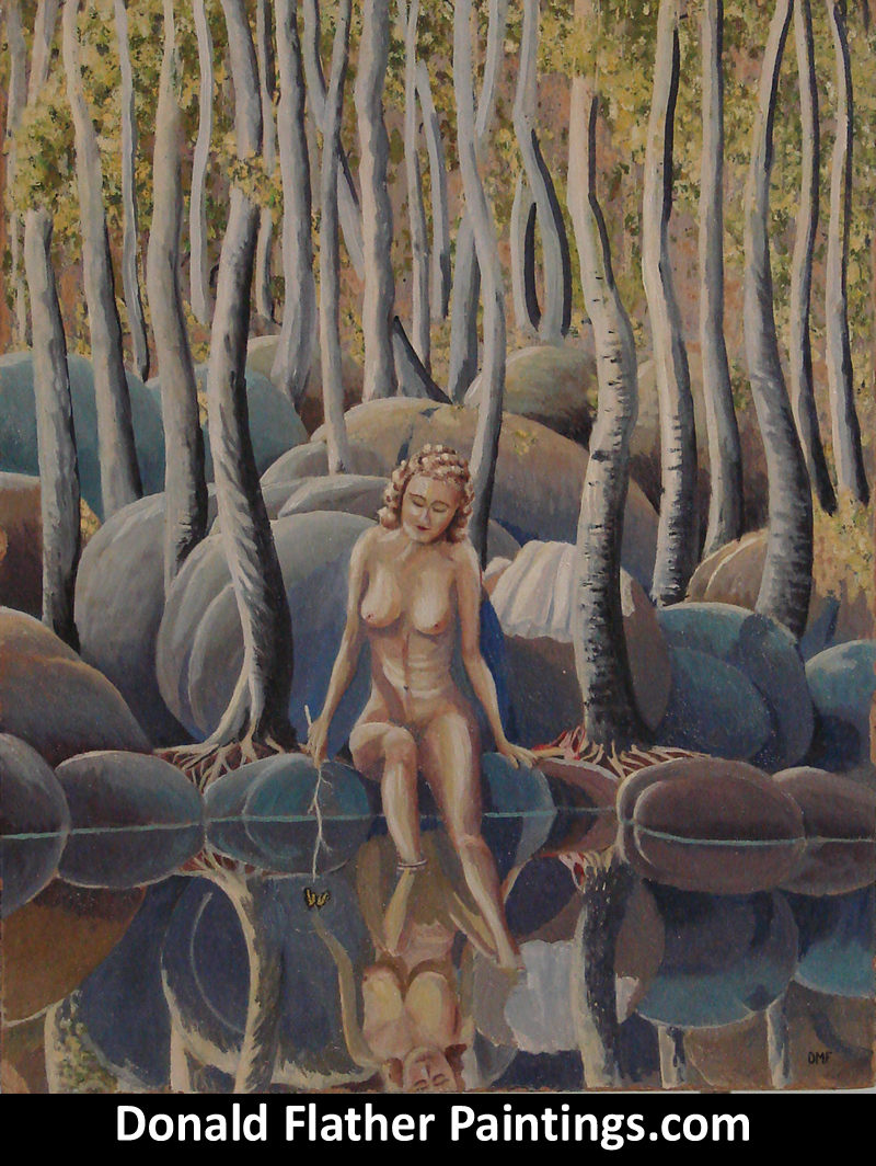 Donald Flather original Canadian oil painting titled Miss Sophia featuring a blonde nude woman overlooking a forest pond with a butterfly