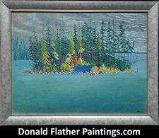 Click here to see Dr. DM Flather's original oil painting titled Island in Shuswap Lake landscape painting's framed view