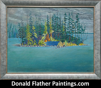 DM Flather original Canadian oil painting titled  Island in Shuswap Lake
