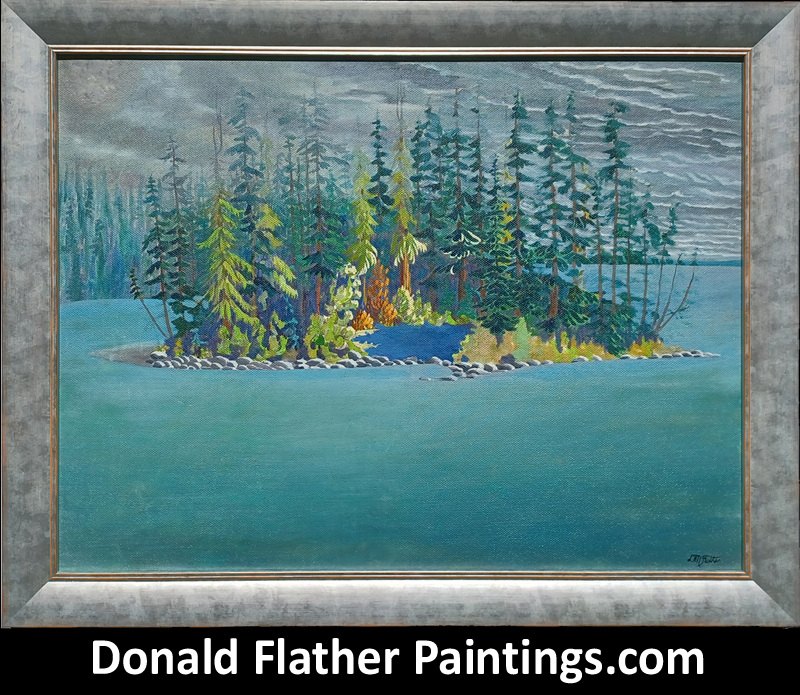 Donald Flather original Canadian oil landscape painting titled Island in Shuswap Lake BC Interior