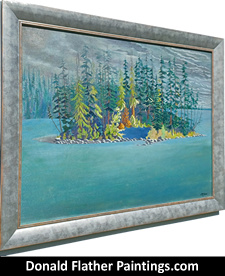 Click here to see Dr. DM Flather's original oil painting titled Island in Shuswap Lake landscape painting's framed side view