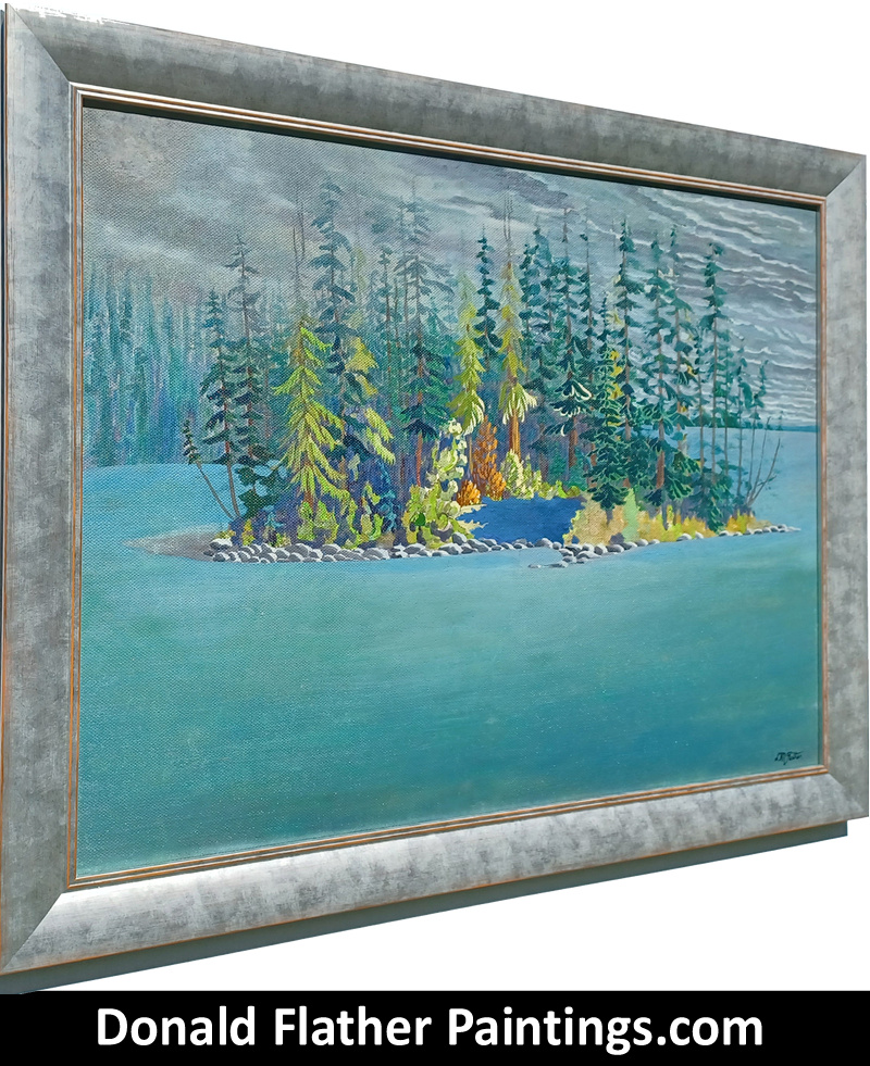 Donald Flather original Canadian oil landscape framed (side view) painting titled Island in Shuswap Lake BC Interior