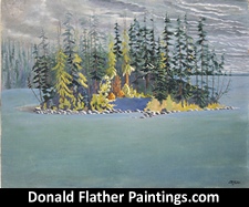 Click here to see Dr. DM Flather's original oil painting titled Island in Shuswap Lake landscape painting's unframed view