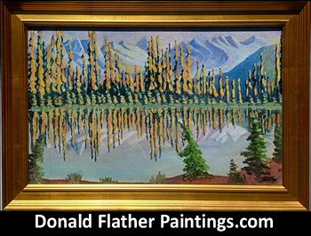 DM Flather original Canadian oil painting titled Lake Reflections - Rocky Mountains