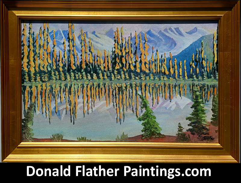 Framed view of Dr. DM (Donald Flather) original Canadian oil painting from the Rocky Mountains titled Lake Reflections