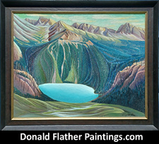 Click here to see DM Flather's original oil on canvas panel framed Rocky Mountains landscape painting for sale titled Marvel Lake, Alberta