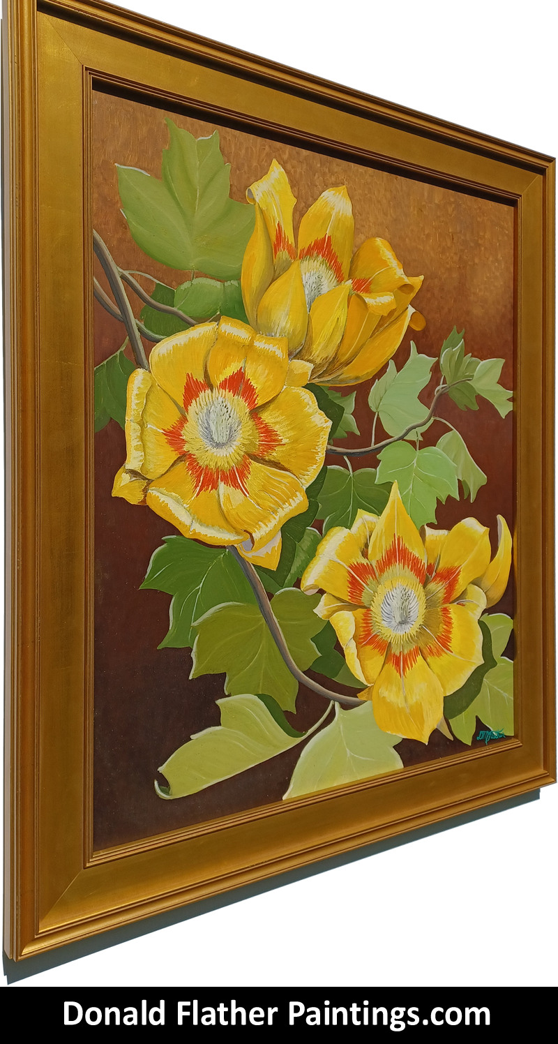 Framed side view of Dr. DM (Donald McIntosh) Flather original Canadian oil floral painting titled PFL52 Liriodendron Tulipifera and dated 1974-75