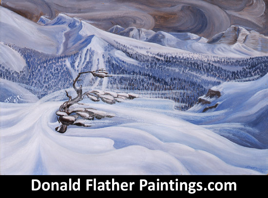 Donald Flather original Canadian oil painting titled Winter Storm Marvel Lake on Wonder Pass, Alberta