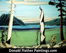 Click here to see Dr. DM Flather's original oil painting titled Bleached Roadside Snags BC Coastal seascape painting's unframed view