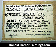 Click here to see the notes on the backside of Dr. DM Flather's original oil painting titled Bleached Roadside Snags BC Coastal seascape painting's framed rear view