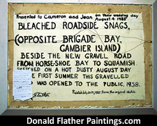 Click here to see the notes on the backside of Dr. DM Flather's original oil painting titled Bleached Roadside Snags BC Coastal seascape painting's framed rear view