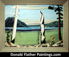 Click here to see Dr. DM Flather's original oil painting titled Bleached Roadside Snags BC Coastal seascape painting's framed view