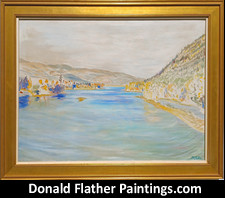 Click here for Dr. DM (Donald McIntosh) Flather original Canadian oil landscape painting titled Little Shuswap River Looking East from Squilax Bridge from the Shuswap Lake BC Interior Region framed view