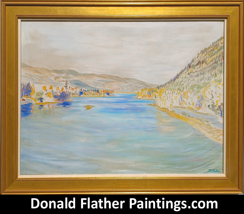 Dr. DM (Donald McIntosh) Flather original Canadian oil on canvas framed landscape painting titled Little Shuswap River Looking East from Squilax Bridge from the Shuswap Lake BC Interior Region