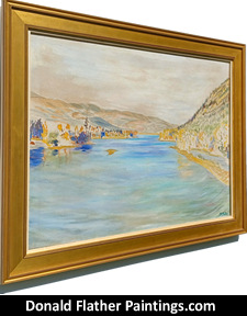 Click here for Dr. DM (Donald McIntosh) Flather original Canadian oil landscape painting titled Little Shuswap River Looking East from Squilax Bridge from the Shuswap Lake BC Interior Region framed side view