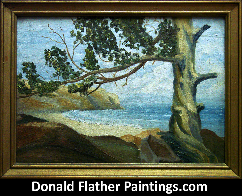 Donald Flather original framed Canadian oil landscape painting titled Seaside Tree seascape painting