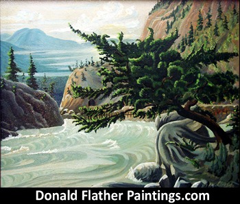 Click here to see Dr. DM Flather's original oil painting titled Weathered Fir - likely along the Fraser River, BC Canadian landscape painting's unframed view