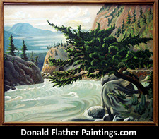 Weathered Fir original oil on panel landscape painting featuring a roaring river scene - likely BC's Fraser River by FCA Canadian Artist, Dr. DM Flather