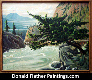 Click here to see Dr. DM Flather's original oil painting titled Weathered Fir - likely along the Fraser River, BC Canadian landscape painting's framed view