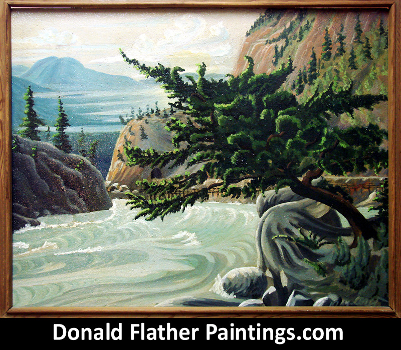 Donald Flather original Canadian oil landscape framed painting titled Weathered Fir - likely along the Fraser River, BC