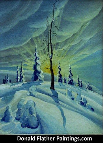 Click here to see Dr. DM Flather's original oil painting titled Winter Sun and Snow Canadian landscape painting's unframed view