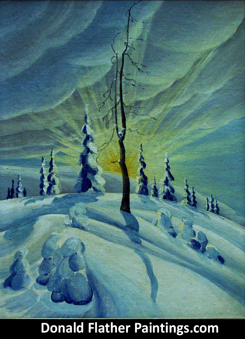 Donald Flather original Canadian oil painting titled Winter Sun and Snow